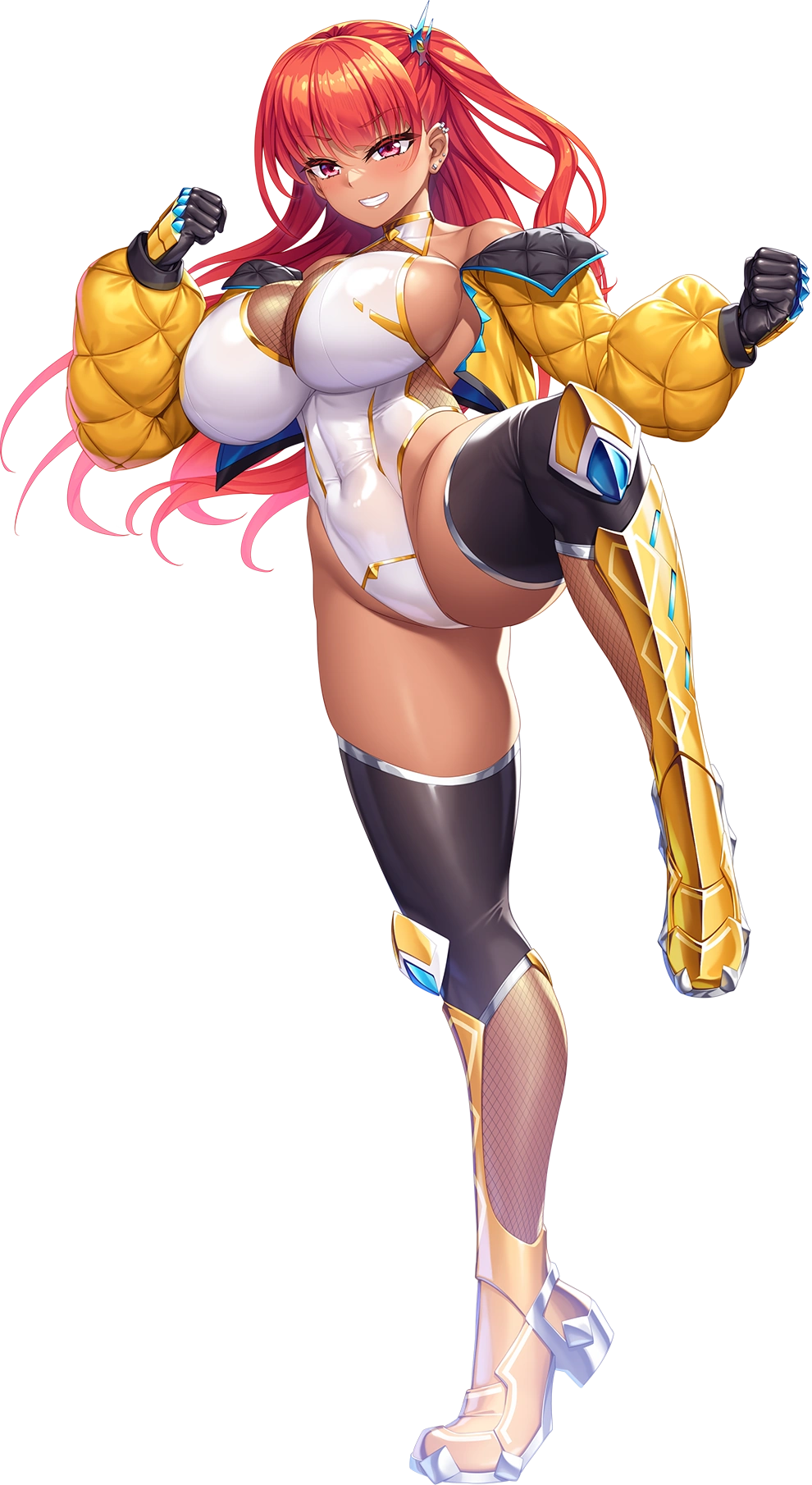 yuumaru (you-mya), hinako shakudo, lilith-soft, taimanin (series), taimanin rpgx, highres, 1girl, ass, breasts, cleavage, clenched hands, curvy, dark-skinned female, dark skin, gloves, grin, large breasts, leg lift, leotard, long hair, looking at viewer, orange hair, red eyes, revealing clothes, smile, standing, standing on one leg, thick thighs, thighs, thong leotard, transparent background, white leotard, wide hips