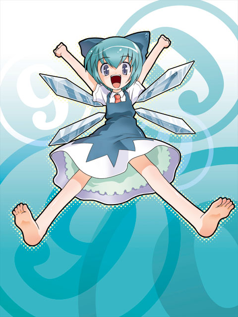 mizuki hitoshi, cirno, phantasmagoria of flower view, touhou, 1girl, barefoot, blue eyes, blue hair, bow, circled 9, feet, female focus, full body, hair bow, halftone, halftone background, happy, matching hair/eyes, short hair, simple background, smile, solo, wings