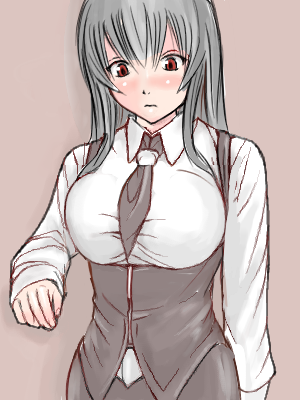 suigintou, rozen maiden, silver hair, lowres, 00s, 1girl, black necktie, blush, breasts, casual, collared shirt, dress shirt, female focus, grey background, large breasts, long hair, long sleeves, looking down, necktie, red eyes, shirt, simple background, solo, upper body, white shirt
