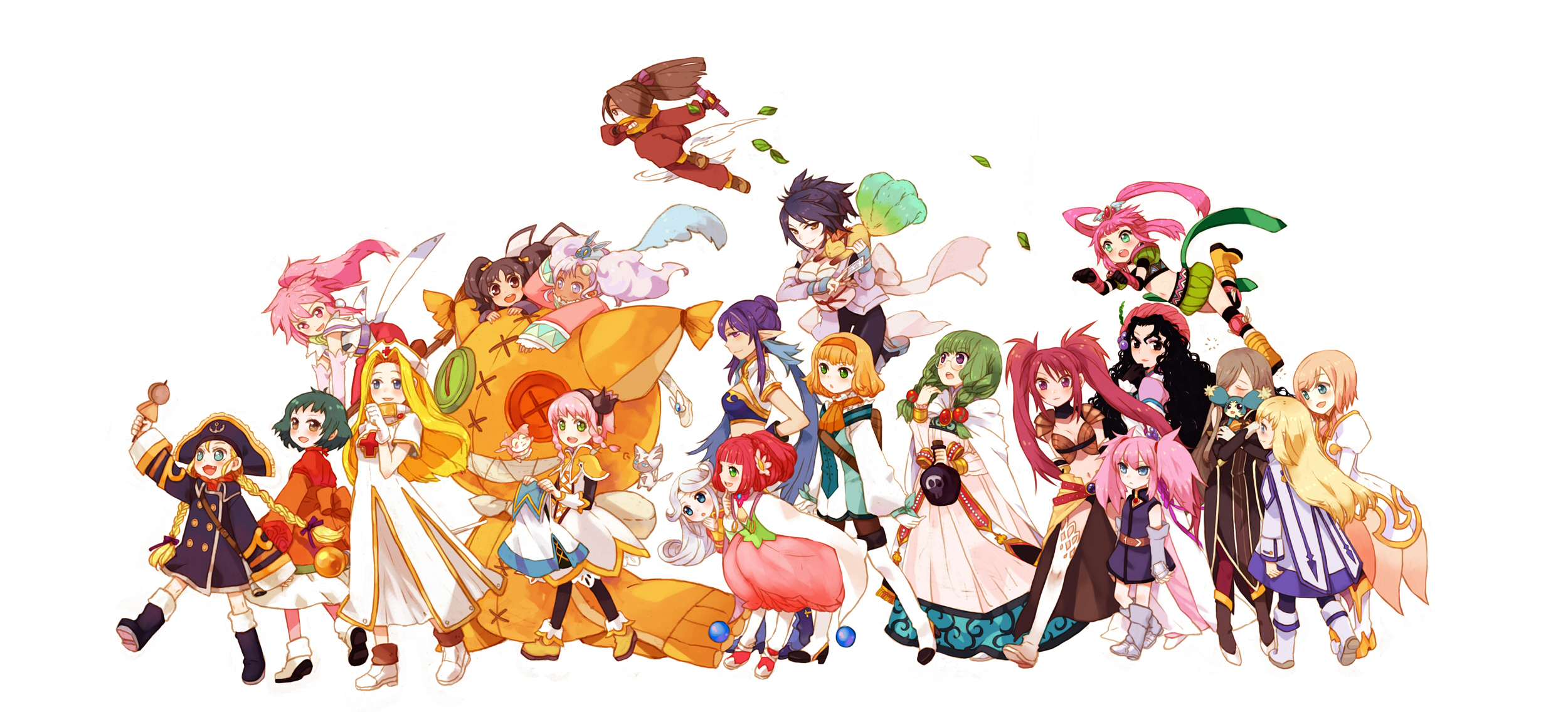 gwayo, gwayom, anise tatlin, arche klein, chelsea torn, colette brunel, corrine, estellise sidos heurassein, farah oersted, fujibayashi sheena, fujibayashi suzu, hilda rhambling, judith (tales), kanonno earhart, mel (tales), meredy (tales), mieu (tales), mint adenade, mormo, nanaly fletch, natalia luzu kimlasca lanvaldear, panille, pasca kanonno, patty fleur, philia felice, presea combatir, quickie (tales), rubia natwick, tear grants, tokunaga (tales), alfa system, tales of (series), tales of destiny, tales of destiny 2, tales of eternia, tales of phantasia, tales of phantasia: narikiri dungeon, tales of phantasia narikiri dungeon, tales of rebirth, tales of symphonia, tales of the abyss, tales of the tempest, tales of the world, tales of the world radiant mythology, tales of the world radiant mythology 2, tales of vesperia, annotated, highres, 00s, 6+girls, black eyes, black hair, blonde hair, blue eyes, blue sailor collar, boots, bow, braid, broom, brown eyes, brown hair, doll, dress, everyone, flower, glasses, green eyes, green hair, hair bun, hair flower, hair ornament, hairband, hat, in-franchise crossover, long hair, multiple girls, ninja, pink eyes, pink hair, pointy ears, ponytail, purple eyes, purple hair, quiver, red eyes, red hair, round eyewear, sailor collar, short hair, short twintails, single hair bun, thigh boots, thighhighs, twin braids, twintails, white background, white hair