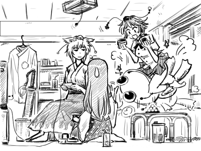 gensoukoumuten, inubashiri momiji, kochiya sanae, shameimaru aya, touhou, 3girls, completely unamused, famicom, female focus, game console, greyscale, hat, monochrome, multiple girls, playing games, unamused, video game