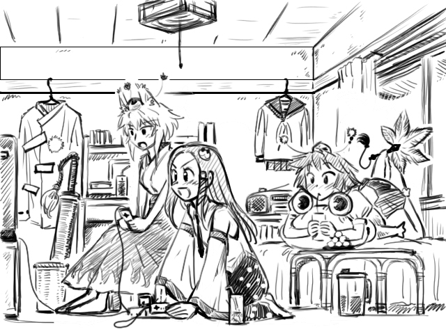 gensoukoumuten, inubashiri momiji, kochiya sanae, shameimaru aya, touhou, 3girls, between toes, famicom, female focus, frog, game console, greyscale, holding with feet, hugging object, monochrome, multiple girls, pillow, pillow hug, playing games, video game