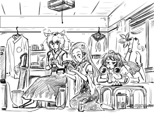 gensoukoumuten, inubashiri momiji, kochiya sanae, shameimaru aya, touhou, 3girls, between toes, famicom, female focus, frog, game console, greyscale, holding with feet, hugging object, monochrome, multiple girls, pillow, pillow hug, playing games, video game