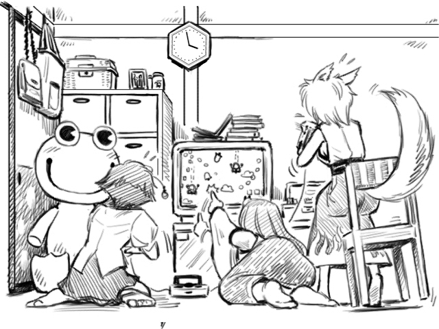 gensoukoumuten, inubashiri momiji, kochiya sanae, shameimaru aya, touhou, twinbee, 3girls, animal ears, chair, clock, female focus, flying sweatdrops, game console, greyscale, indoors, long hair, monochrome, multiple girls, playing games, pointing, short hair, sitting, stuffed animal, stuffed toy, tail, television, video game, wariza