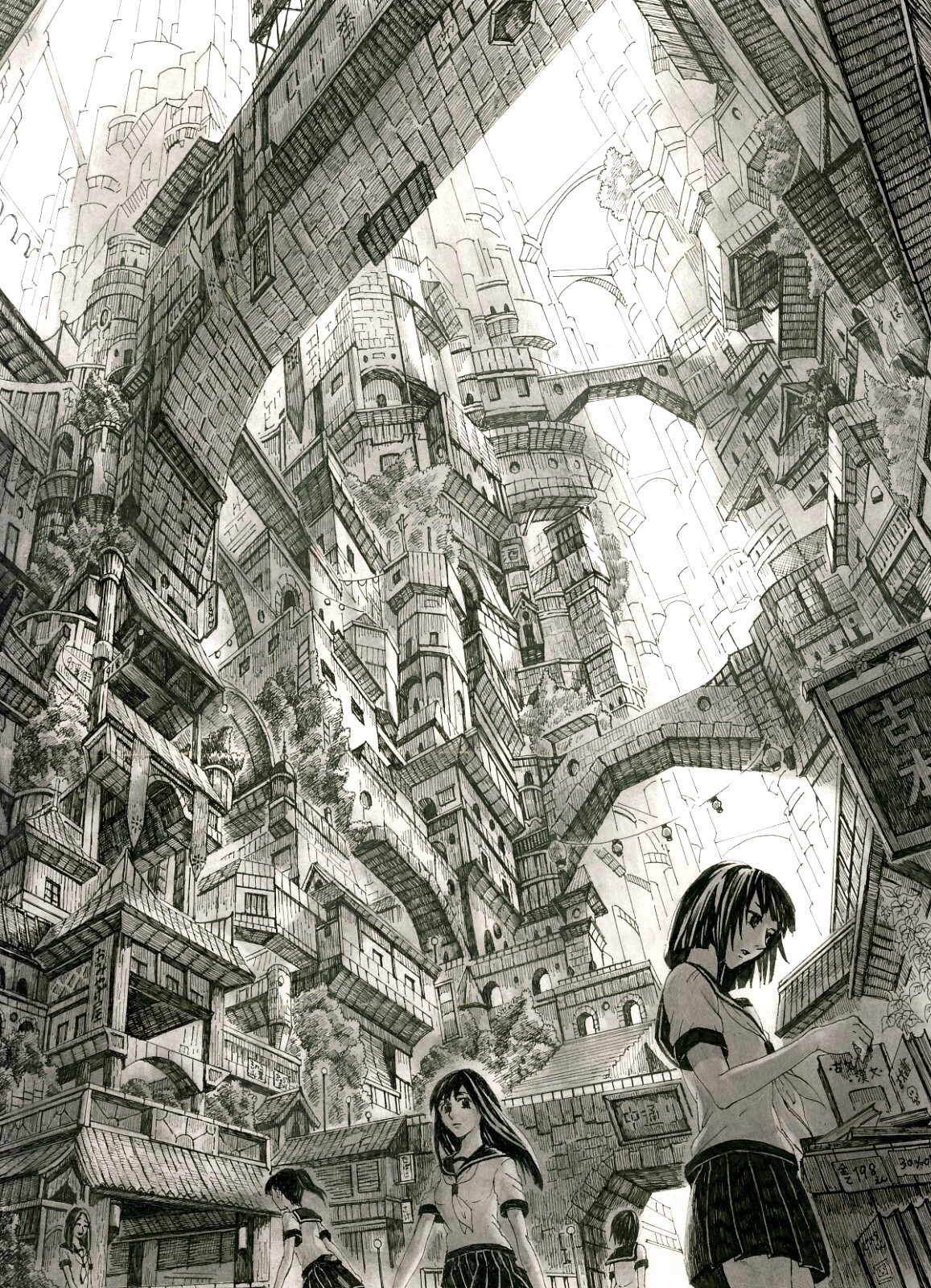 mita mitauzo, original, bad id, bad pixiv id, highres, 5girls, black hair, building, grand scale, long hair, monochrome, multiple girls, scenery, school uniform, short hair, skirt