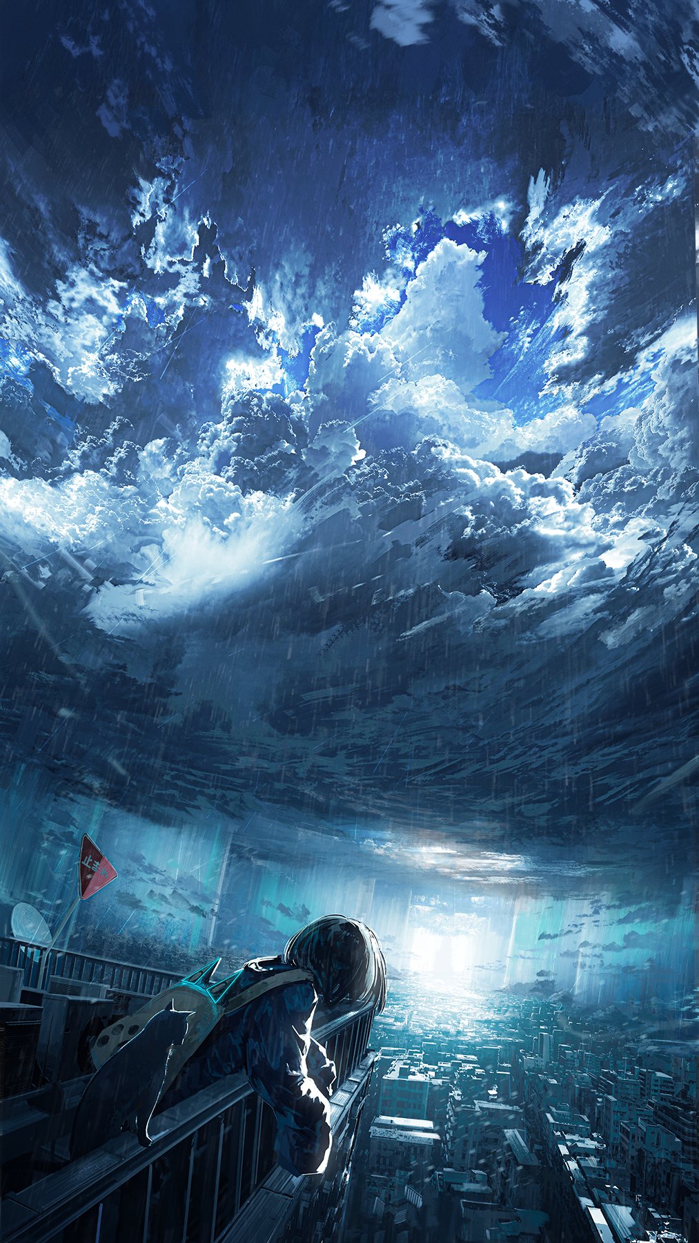 chooco (chocoshi), original, 1girl, building, cat, city, from behind, rain, road sign, rooftop, scenery, short hair, sign