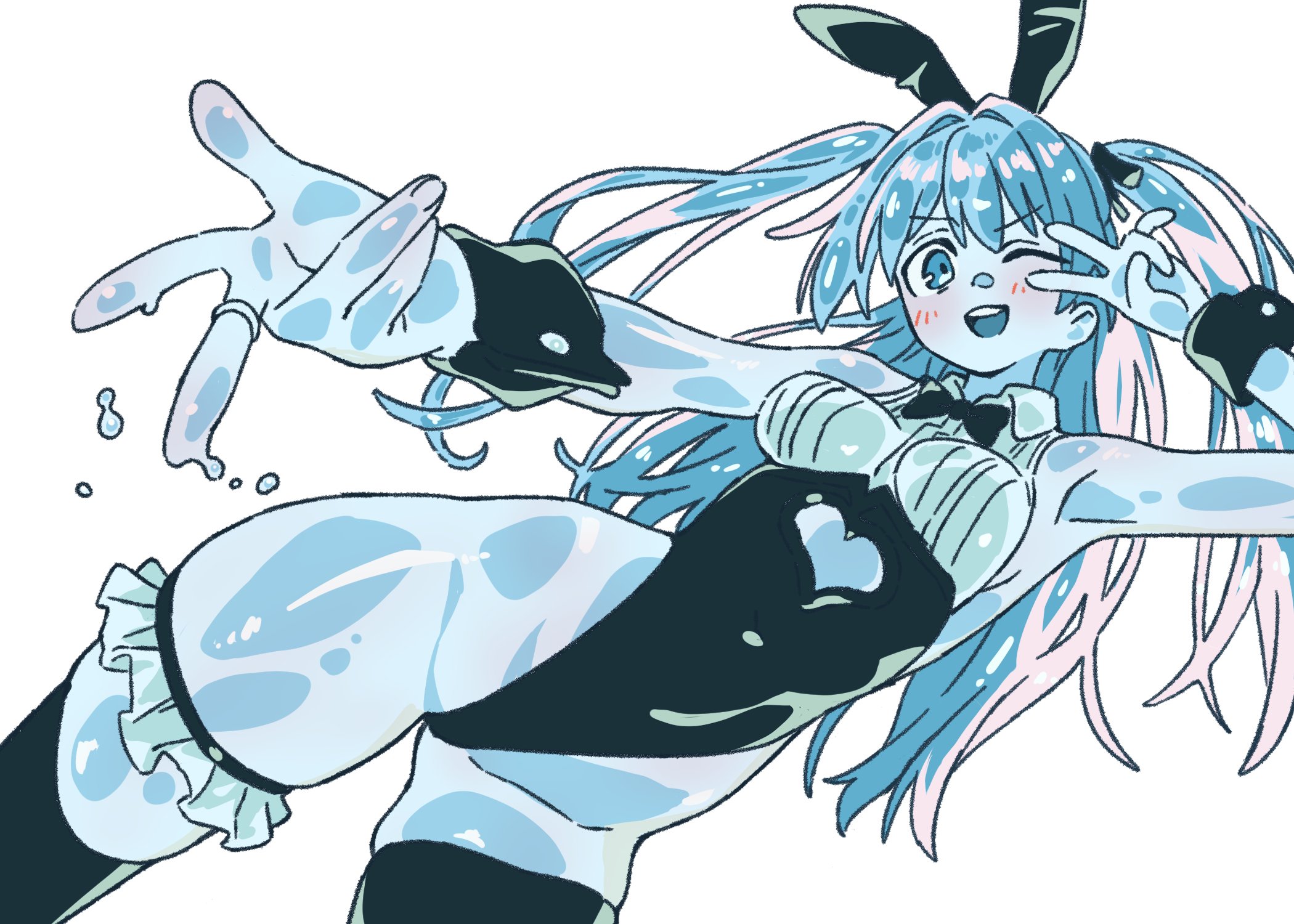 ashikare, original, 1girl, black leotard, clothing cutout, heart cutout, leotard, long hair, monster girl, one eye closed, playboy bunny, slime girl, solo, thighhighs, v