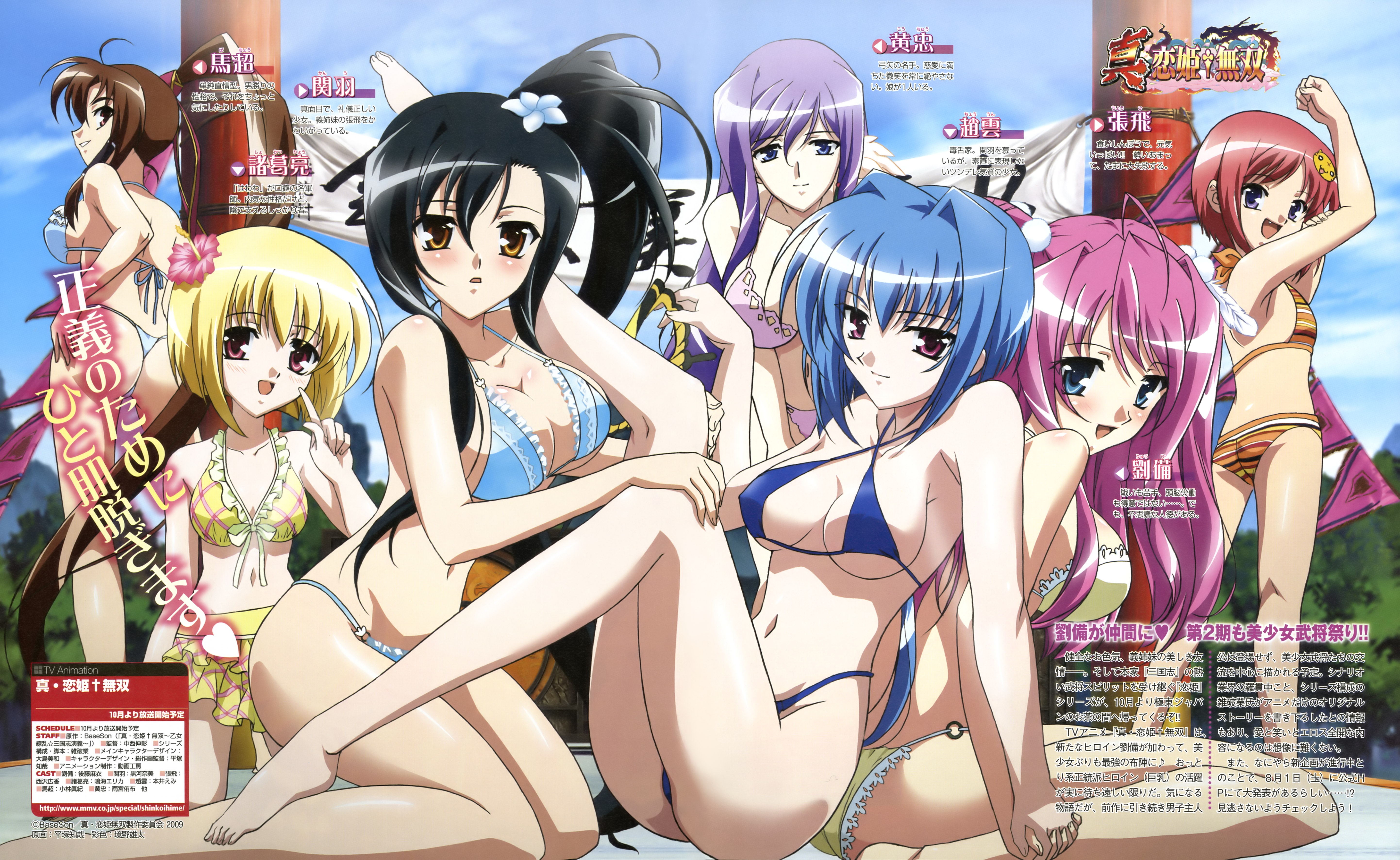 hiratsuka tomoya, bachou (koihime musou), chouhi (koihime musou), chouun (koihime musou), kan'u (koihime musou), kouchuu (koihime musou), ryuubi (koihime musou), shokatsuryou (koihime musou), koihime musou, absurdres, highres, official art, scan, 00s, 6+girls, barefoot, bikini, black hair, blonde hair, blue hair, breasts, brown hair, cleavage, copyright name, day, female focus, flat chest, flower, from behind, hair flower, hair ornament, hibiscus, holding hands, large breasts, long hair, looking back, medium breasts, multiple girls, pink hair, ponytail, purple hair, red hair, short hair, sitting, swimsuit, text focus, thong bikini, watermark