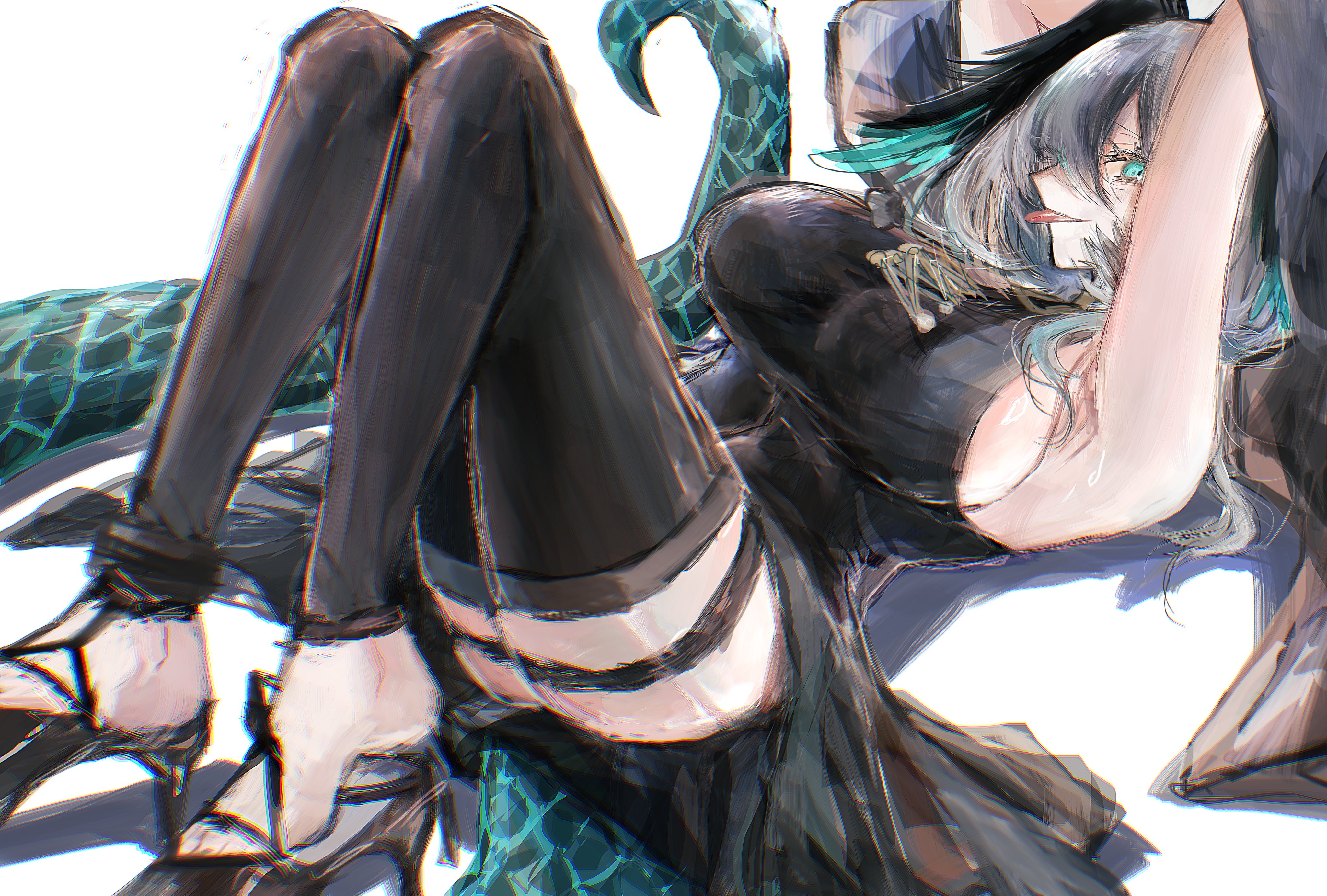 inmybagg, ho'olheyak (arknights), ho'olheyak (ritual of immortality) (arknights), arknights, absurdres, commentary, highres, symbol-only commentary, 1girl, black dress, breasts, dress, feathered wings, grey hair, head wings, large breasts, long dress, medium hair, side slit, snake girl, snake tail, solo, tail, wings