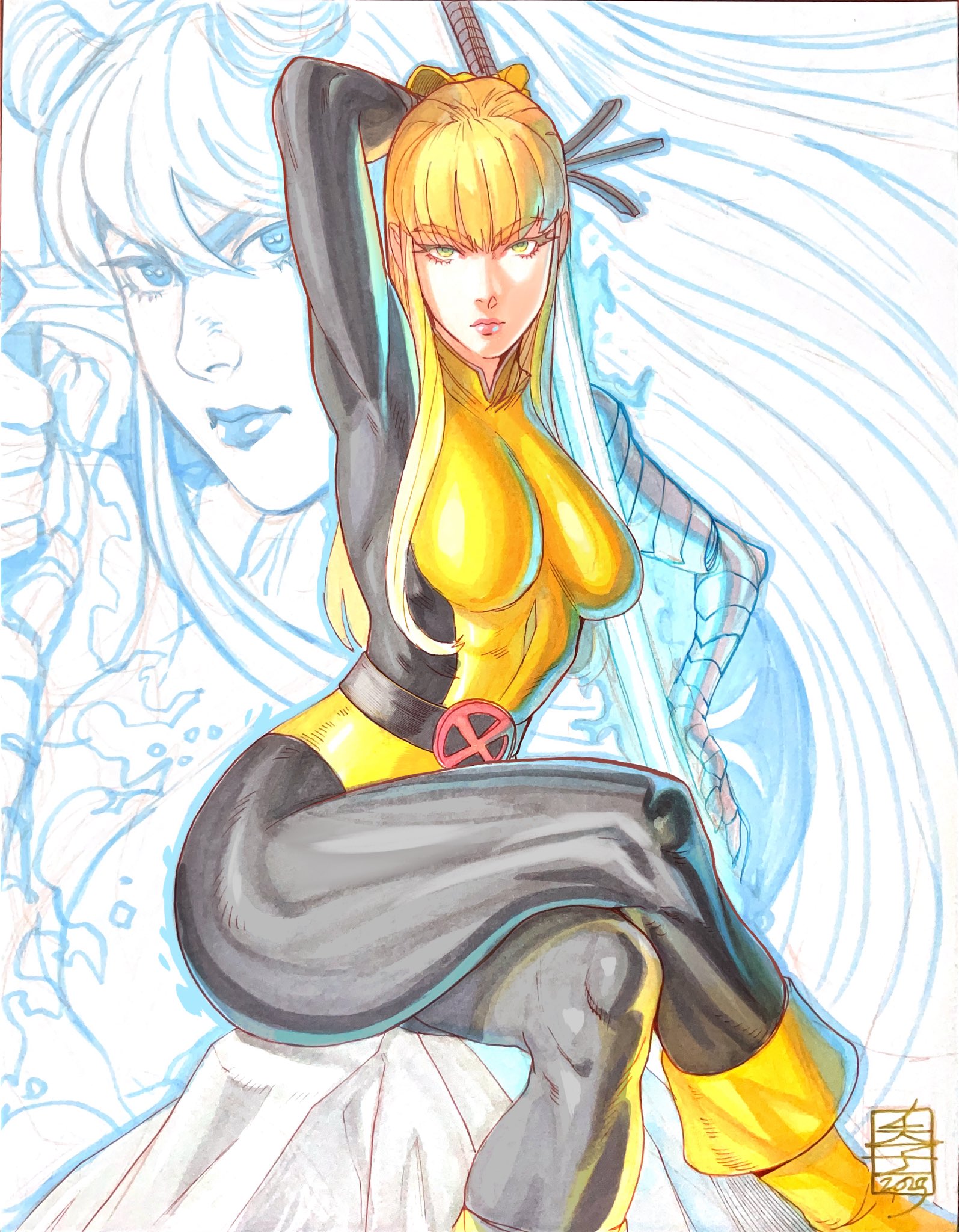 acecore2k, magik (x-men), marvel, x-men, commentary, english commentary, highres, marker (medium), pen (medium), traditional media, 1girl, arm up, black bodysuit, blonde hair, blunt bangs, bodysuit, boots, breasts, crossed legs, glowing, glowing sword, glowing weapon, green eyes, holding, holding behind back, holding sword, holding sword behind back, holding weapon, holding weapon behind back, large breasts, long hair, multicolored bodysuit, official alternate costume, pinup (style), sitting, solo, superhero costume, sword, two-tone bodysuit, weapon, white background, yellow bodysuit, yellow boots