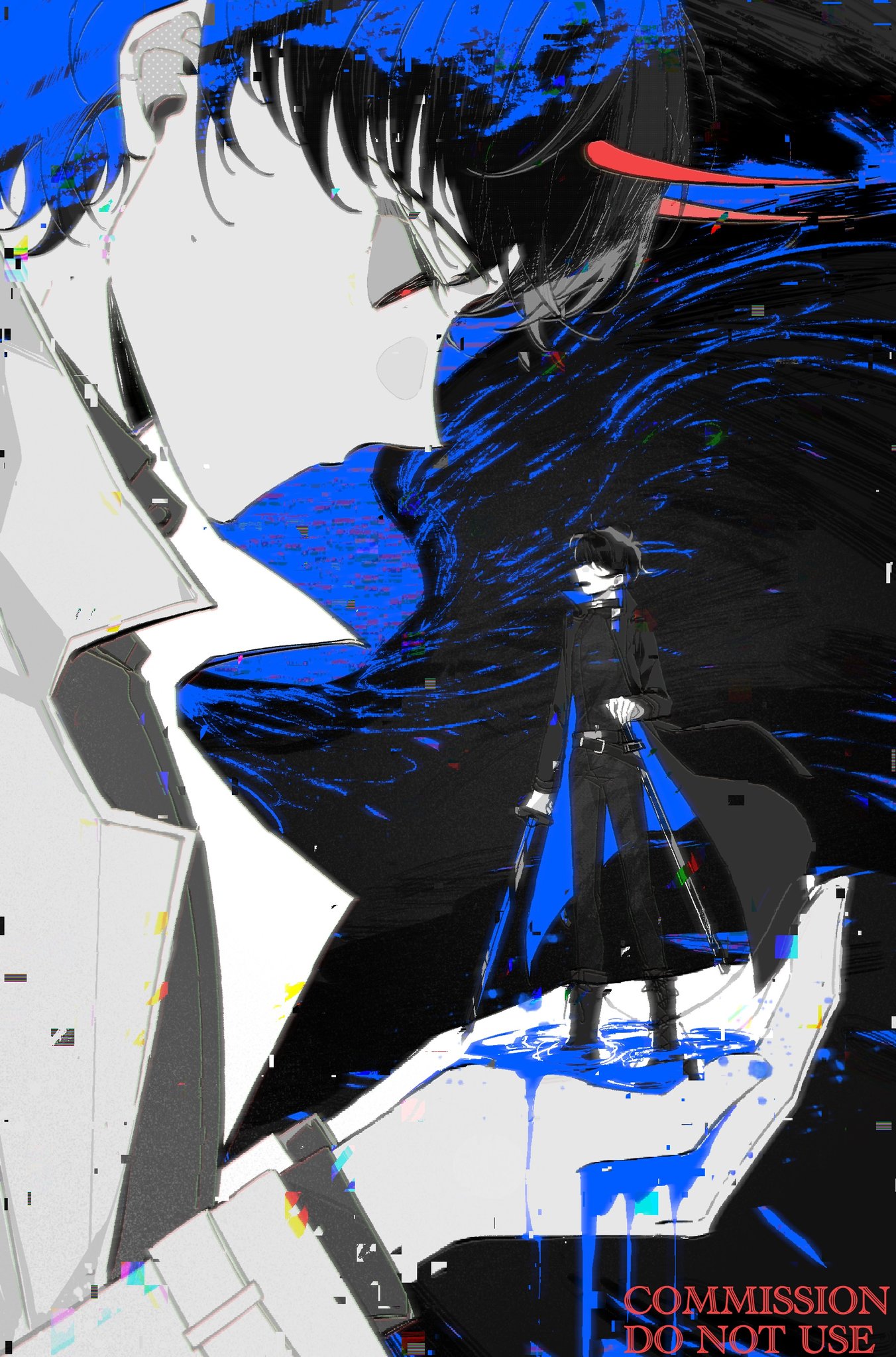 kim dokja, yoo joonghyuk, omniscient reader's viewpoint, highres, 2boys, black coat, black eyes, black hair, black shirt, black wings, blood, blood in hair, blood on clothes, blood on hands, blood splatter, bloody weapon, blue blood, coat, collared shirt, cupping hands, demon horns, feathered wings, glitch, holding, holding sword, holding weapon, horns, in palm, looking at another, male focus, mini person, miniboy, multiple boys, open clothes, open coat, own hands together, popped collar, red pupils, ripples, scabbard, sheath, shirt, short hair, size difference, standing, sword, twle, weapon, white coat, wings