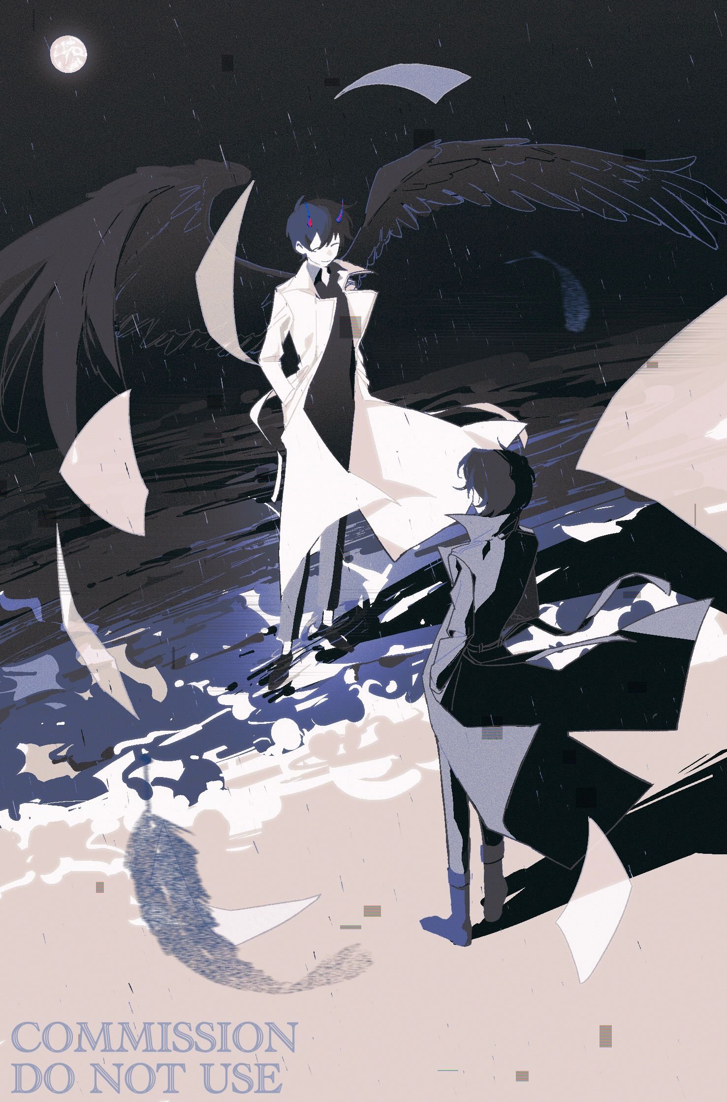 kim dokja, yoo joonghyuk, omniscient reader's viewpoint, commentary, english commentary, highres, 2boys, black coat, black hair, black shirt, black wings, closed eyes, coat, collared shirt, demon horns, dutch angle, falling feathers, falling paper, feathered wings, feathers, from above, full moon, hand in pocket, horns, male focus, moon, multiple boys, ocean, open clothes, open coat, popped collar, puddle, rain, shirt, shore, short hair, smile, standing, twle, white coat, wings