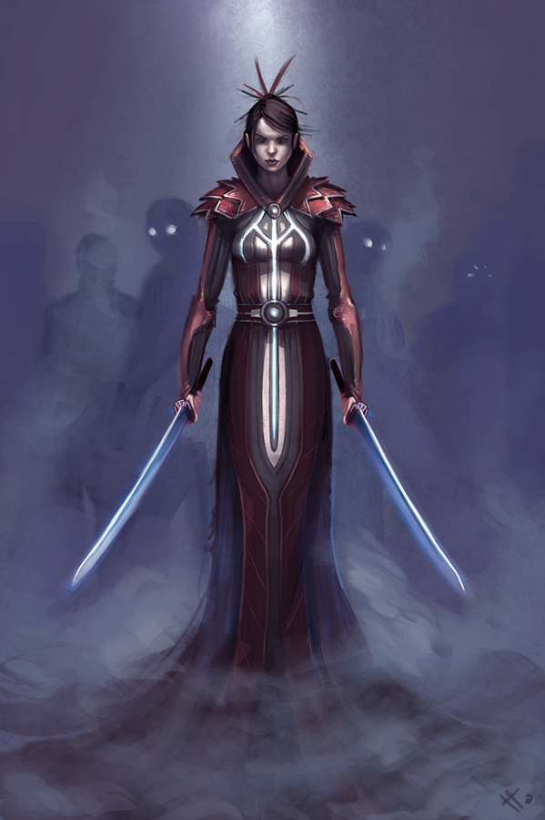 earthrise (game), concept art, 1girl, black hair, dual wielding, female focus, holding, holding sword, holding weapon, looking at viewer, short hair, silhouette, solo, solo focus, standing, sword, weapon