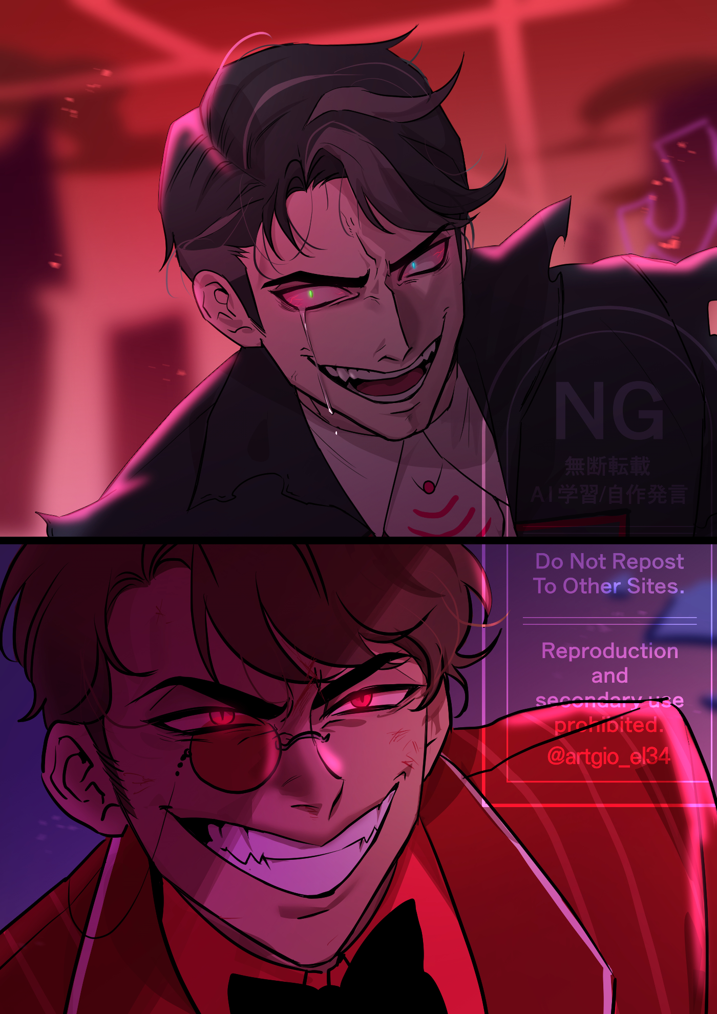 alastor (hazbin hotel), vox (hazbin hotel), hazbin hotel, hellaverse, commentary, english commentary, highres, 2boys, alastor (human) (hazbin hotel), artgio el34, black hair, brown hair, evil grin, evil smile, formal clothes, glowing, glowing eyes, grin, heterochromia, looking at another, monocle, multiple boys, red eyes, red suit, smile, suit, tears, vox (human) (hazbin hotel)