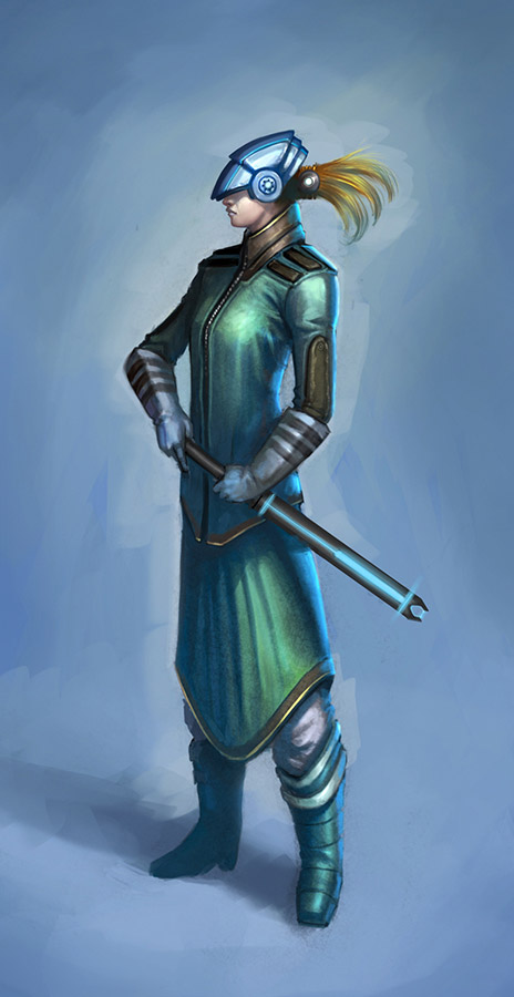 earthrise (game), concept art, 1girl, blonde hair, female focus, gauntlets, ponytail, sheath, sheathed, solo, standing, tabard, unsheathing