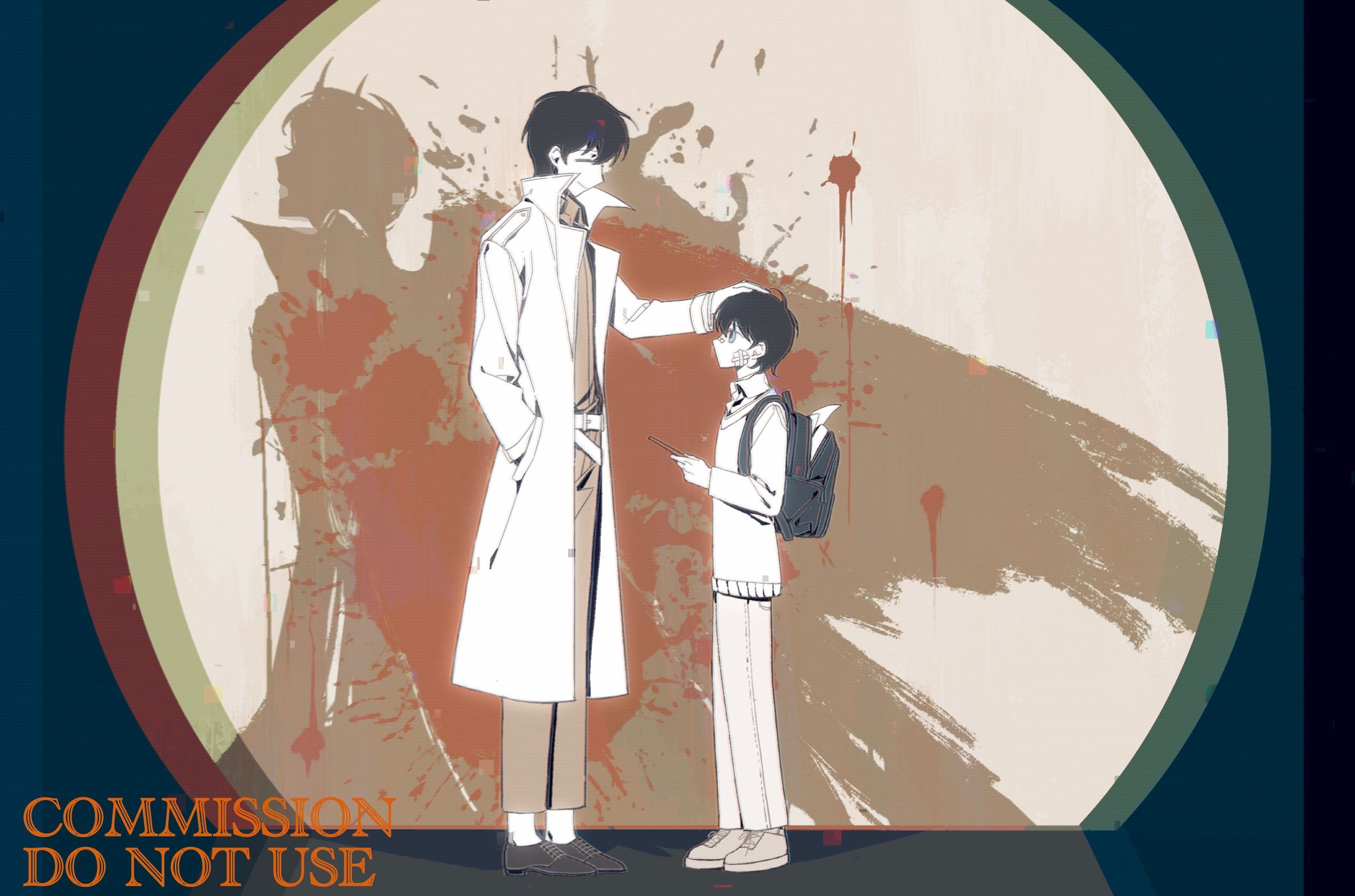 kim dokja, oldest dream, omniscient reader's viewpoint, commentary, english commentary, highres, 2boys, backpack, bag, bandage on face, bandages, black hair, black shirt, blood, blood splatter, collared shirt, demon wings, different shadow, dual persona, facing another, feathered wings, full body, hand in pocket, hand on another's head, height difference, holding, holding phone, male focus, multiple boys, phone, shirt, short hair, standing, twle, vest, wings