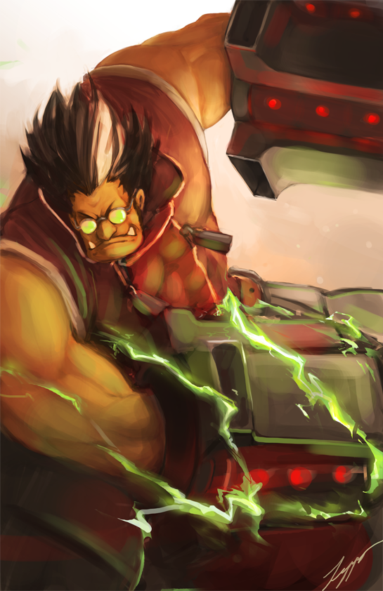 iron tager, arc system works, blazblue, blazblue: calamity trigger, 1boy, electricity, fangs, glasses, male focus, round eyewear, solo