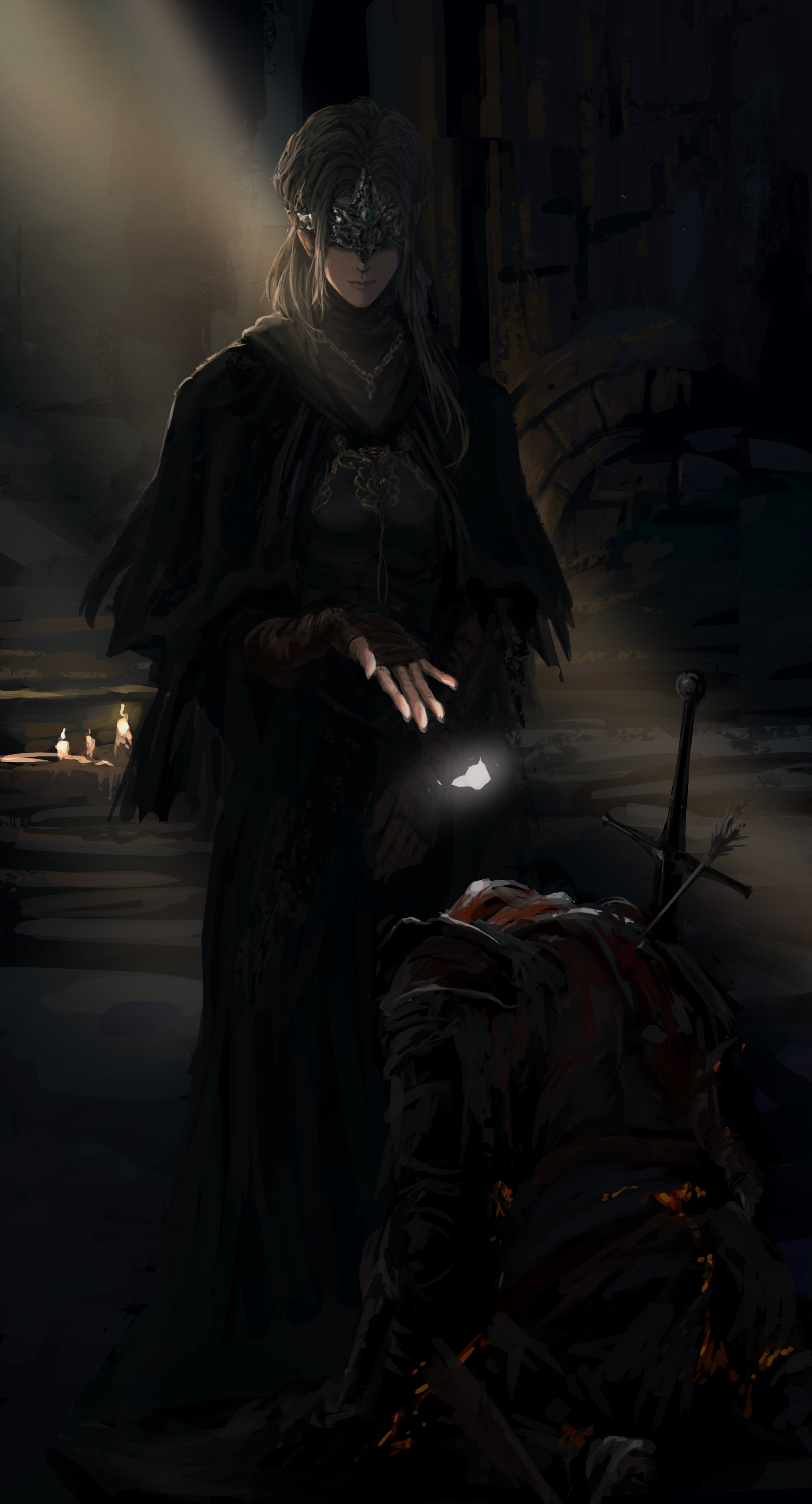 fire keeper, dark souls (series), dark souls iii, absurdres, commentary request, highres, 1girl, arrow (projectile), arrow in body, black dress, blindfold mask, blonde hair, blood, candle, cape, capelet, cloak, closed mouth, covered eyes, dress, fingerless gloves, gloves, impasto, jewelry, kneeling, light rays, lips, long hair, long sleeves, mask, necklace, planted, planted sword, planted weapon, scenery, solo focus, sword, user wxuw2352, weapon