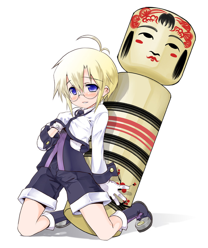 nanamatsu kenji, carl clover, arc system works, blazblue, blazblue: calamity trigger, 1boy, ahoge, androgynous, blonde hair, blue eyes, boots, full body, glasses, gloves, hand under clothes, hand under shirt, kneeling, kokeshi, male focus, purple boots, shirt, short hair, shorts, simple background, smile, solo