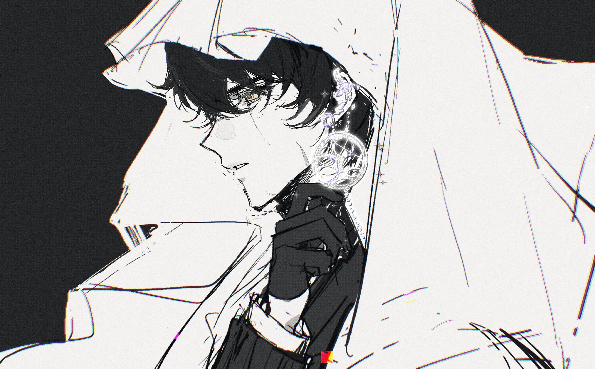 secretive plotter, yoo joonghyuk, omniscient reader's viewpoint, commentary, highres, symbol-only commentary, 1boy, black gloves, black hair, clenched teeth, cloak, from side, gear earrings, gloves, hand up, hood, hood up, hooded cloak, male focus, parted lips, portrait, scar, scar across eye, scar on face, short hair, solo, teeth, twle