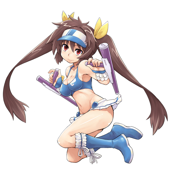 xyz, hasumi eri, vanguard princess, visor, 1girl, bare shoulders, boots, bow, breasts, brown hair, cleavage, female focus, long hair, navel, red eyes, ribbon, solo, tonfa, visor cap, weapon, yellow bow