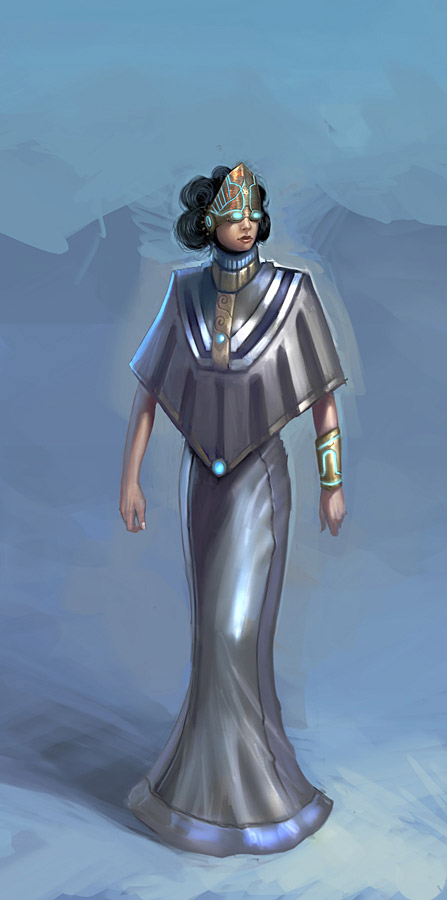 earthrise (game), concept art, 1girl, belt, bracelet, brown hair, buckle, collarbone, dress, female focus, full body, jewelry, neck ring, short hair, solo, standing, white dress