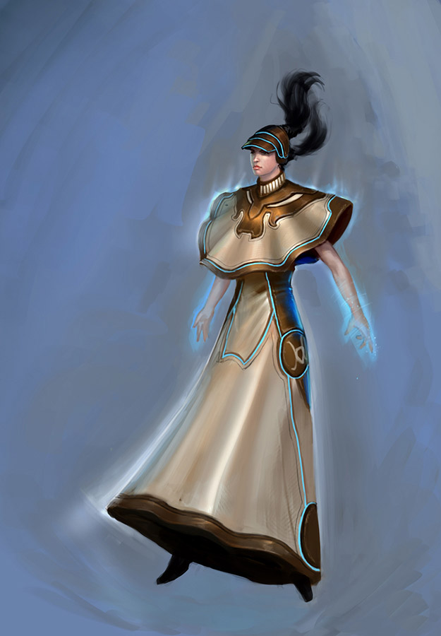 earthrise (game), concept art, 1girl, black hair, capelet, dress, female focus, floating hair, full body, gem, jewelry, necklace, pendant, pocket, ponytail, short hair, solo, standing, white dress