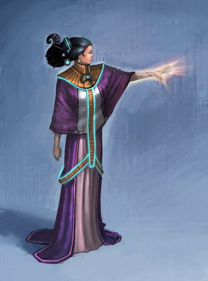 earthrise (game), concept art, 1girl, blue background, cloak, female focus, long sleeves, outstretched arms, simple background, solo, spread fingers, wide sleeves