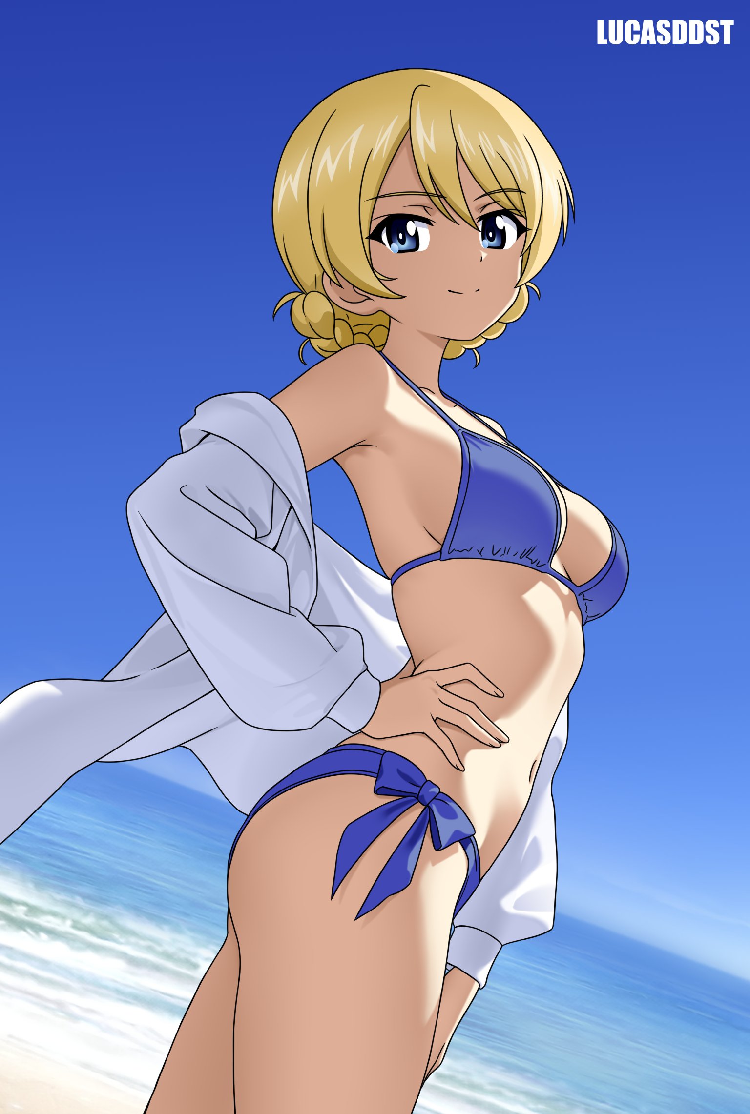 lucasddst, darjeeling (girls und panzer), girls und panzer, highres, 1girl, bare shoulders, beach, bikini, blonde hair, blue bikini, blue eyes, blue sky, breasts, feet out of frame, hood, hoodie, large breasts, looking at viewer, navel, ocean, outdoors, sky, solo, solo focus, standing, stomach, swimsuit, white hoodie