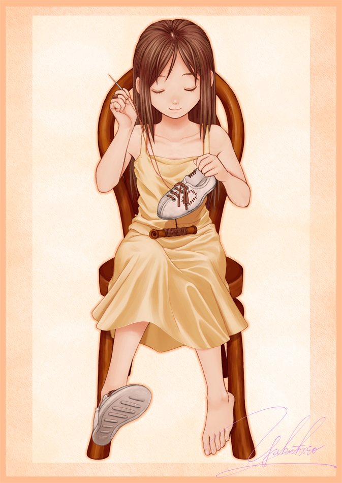yukihiro, original, bare shoulders, barefoot, brown hair, chair, closed eyes, feet, full body, long hair, scar, shoes, signature, single shoe, sitting, smile, solo, stitches