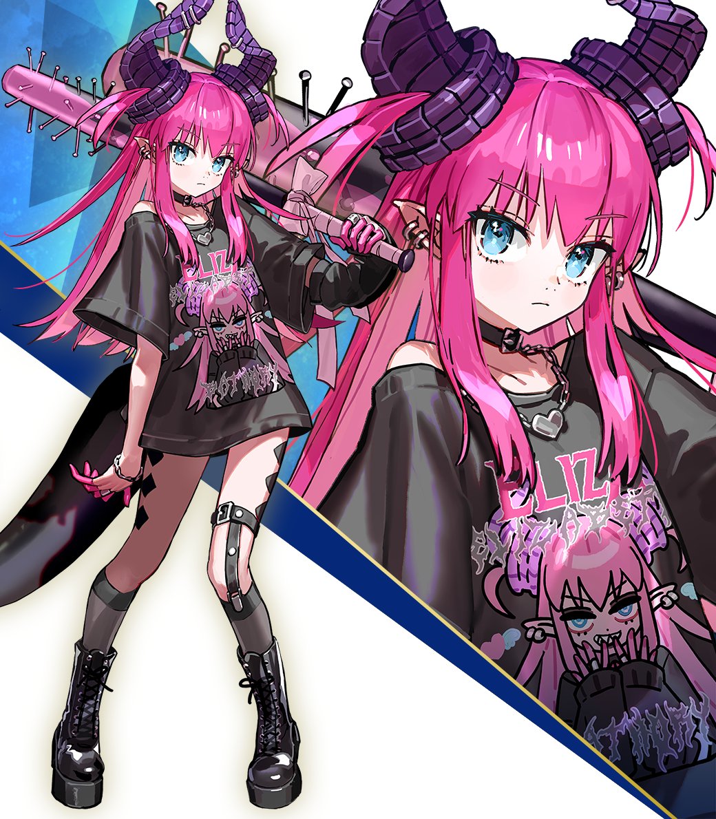 elizabeth bathory (perfect) (fate), elizabeth bathory (perfect) (first ascension) (fate), fate/grand order, fate (series), 1girl, baseball bat, blue eyes, choker, pointy ears, purple hair, tail, thigh strap, weapon