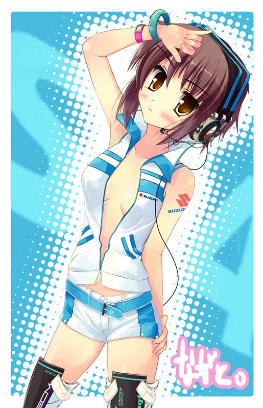 nagato yuki, original, suzuki, suzumiya haruhi no yuuutsu, 00s, 1girl, belt, boots, bracelet, earphones, female focus, halftone, halftone background, jewelry, no bra, personification, product placement, short hair, shorts, solo, thigh boots, thighhighs