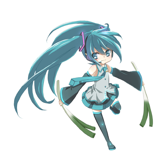 hano (pixiv255270), ichigai hano, hatsune miku, vocaloid, bad id, bad pixiv id, 1girl, :3, aqua eyes, aqua hair, detached sleeves, female focus, full body, headphones, headset, long hair, necktie, simple background, skirt, solo, spring onion, thighhighs, twintails, white background, zettai ryouiki