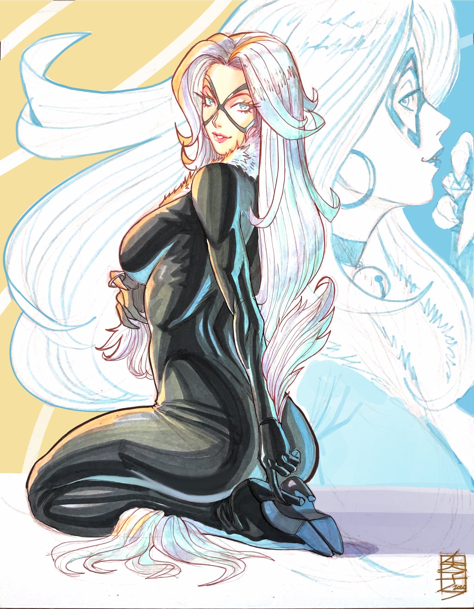 acecore2k, black cat (marvel), felicia hardy, marvel, spider-man (series), commentary, english commentary, highres, marker (medium), mixed media, pen (medium), traditional media, unfinished, 1girl, aqua eyes, bell, black bodysuit, black boots, black gloves, bodysuit, boots, breasts, earrings, fur-trimmed bodysuit, gloves, hoop earrings, jewelry, large breasts, looking back, mask, neck bell, parted lips, pink lips, pinup (style), profile, seiza, sitting, solo, white background, white hair