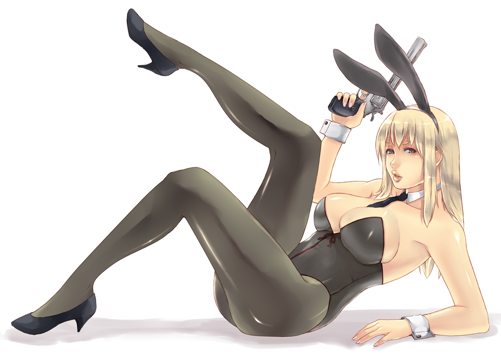 alva, nicole pmonachi, original, 1girl, animal ears, arm support, bare shoulders, blonde hair, breasts, cuffs, fake animal ears, female focus, grey eyes, gun, handgun, high heels, large breasts, legs, lips, long hair, nail polish, necktie, pantyhose, pistol, playboy bunny, rabbit ears, revolver, shoes, simple background, solo, weapon, wrist cuffs
