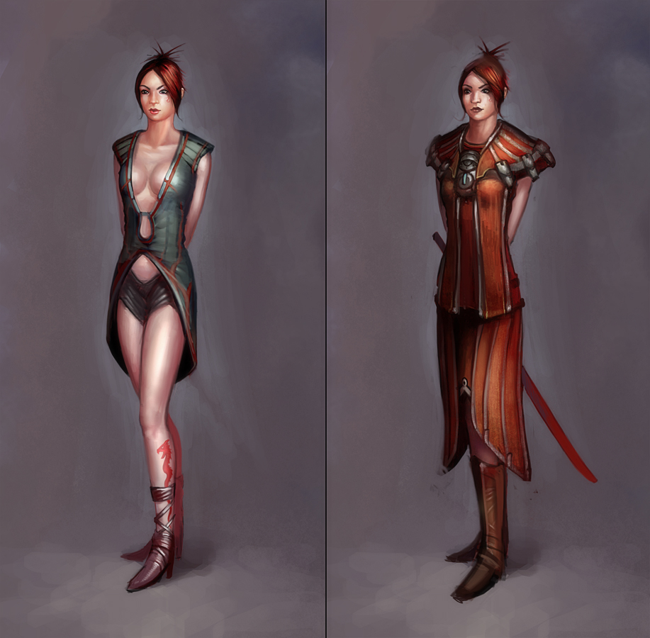 earthrise (game), concept art, 1girl, breasts, cleavage, red hair, sword, tattoo, weapon