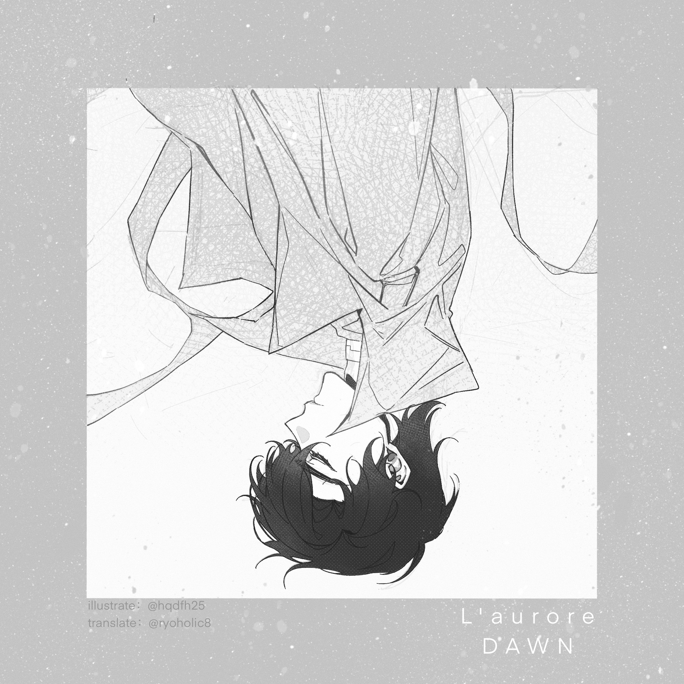 yoo joonghyuk, omniscient reader's viewpoint, commentary, english commentary, highres, 1boy, black hair, border, closed eyes, coat, grey border, grey coat, greyscale, male focus, monochrome, open clothes, open coat, popped collar, short hair, solo, title page, twle, upper body, upside-down