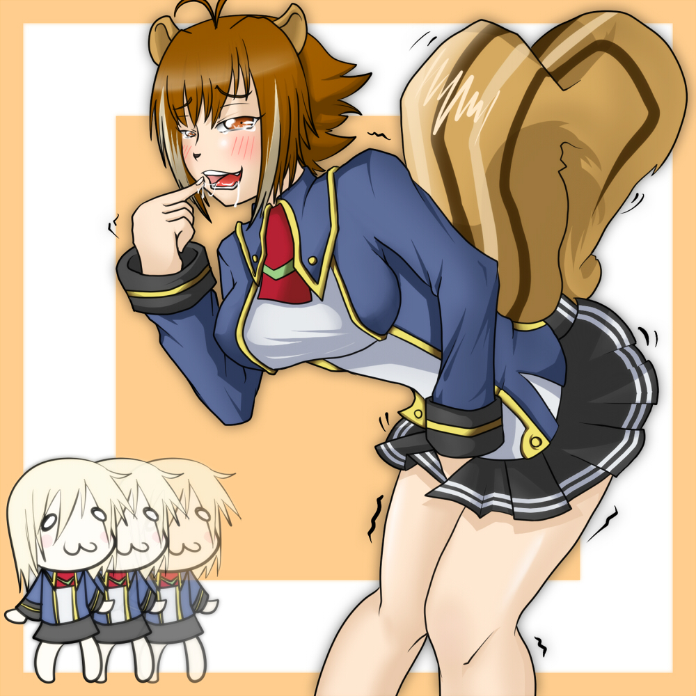 yosibou, makoto nanaya, noel vermillion, arc system works, blazblue, blazblue: continuum shift, 2girls, :3, ahoge, animal ears, antenna hair, blonde hair, blush, breasts, brown hair, chibi, female masturbation, finger to mouth, large breasts, masturbation, multiple girls, saliva, school uniform, short hair, squirrel ears, squirrel tail, tail, tears, trembling