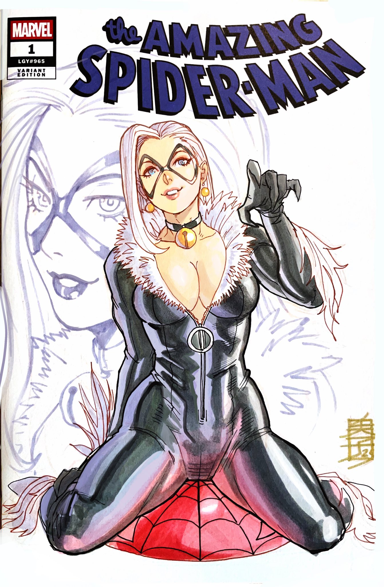acecore2k, black cat (marvel), marvel, spider-man (series), commentary, english commentary, highres, marker (medium), pen (medium), traditional media, 1girl, bell, black bodysuit, black gloves, blue eyes, bodysuit, boots, breasts, claw pose, cleavage, copyright logo, cover sketch, earrings, fur-trimmed bodysuit, gloves, jewelry, large breasts, logo, long hair, mask, neck bell, parted lips, partially unzipped, pink lips, pinup (style), sitting, solo, sphere earrings, wariza, white background, white hair