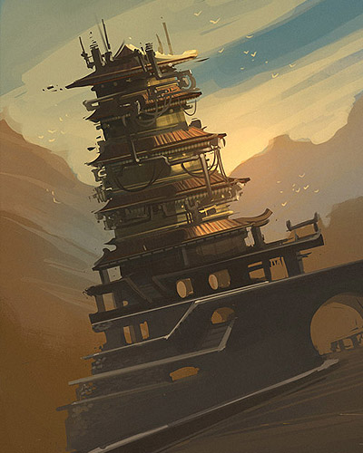 earthrise (game), concept art, lowres, architecture, bridge, building, dutch angle, mountain, no humans, outdoors, pagoda, scenery, water