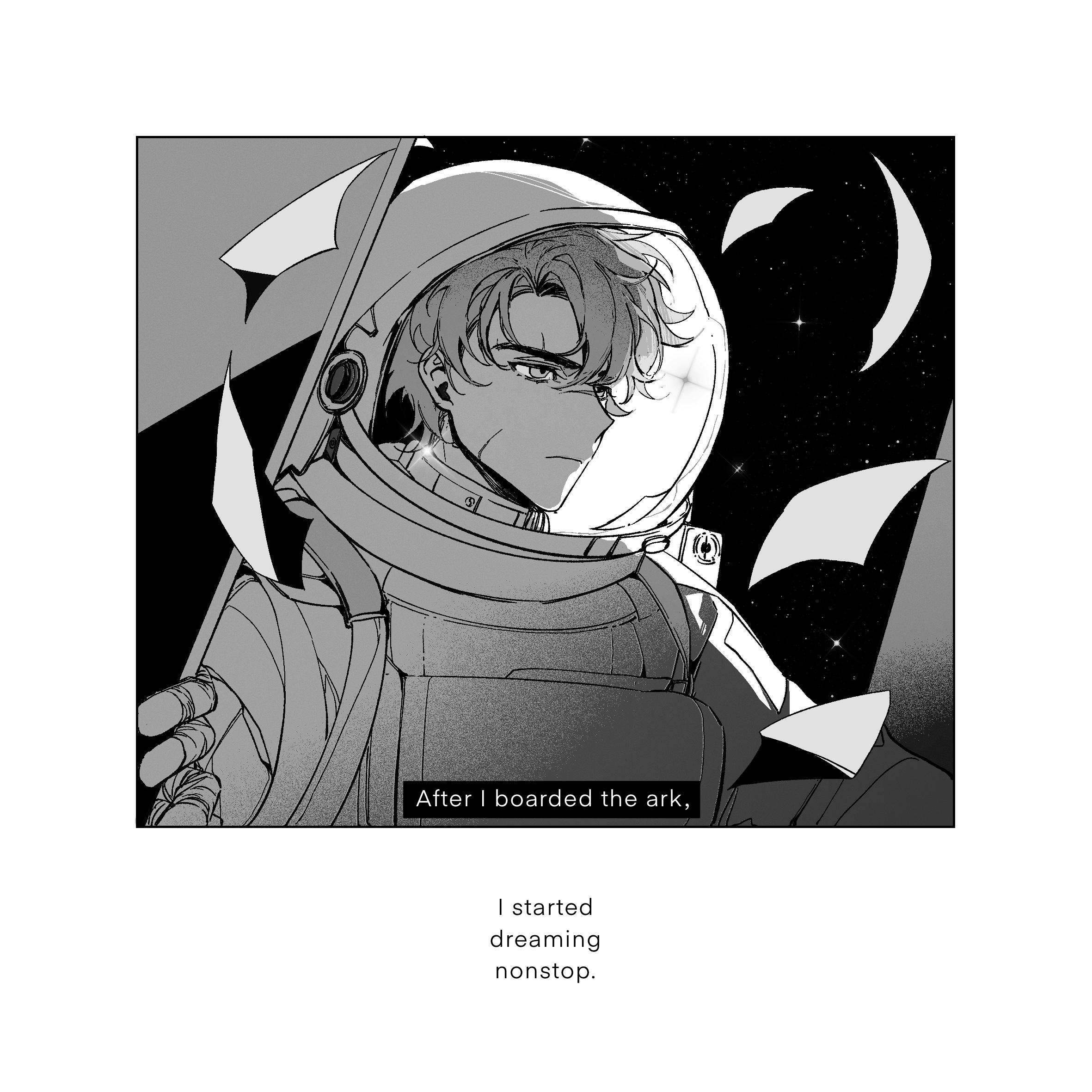 yoo joonghyuk, omniscient reader's viewpoint, commentary, english commentary, highres, 1boy, astronaut, caption, english text, falling paper, greyscale, hands up, helmet, male focus, monochrome, scar, scar on face, solo, space, space helmet, spacesuit, twle, upper body