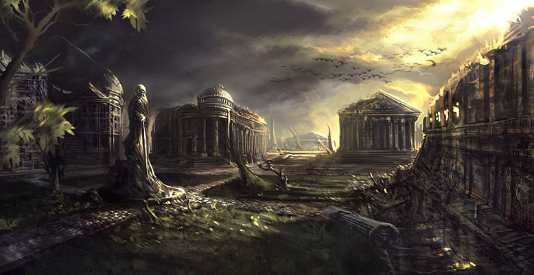 earthrise (game), concept art, bare tree, cloud, cloudy sky, day, light rays, no humans, outdoors, pillar, road, rock, ruins, scenery, sky, street, sunlight, temple, tree