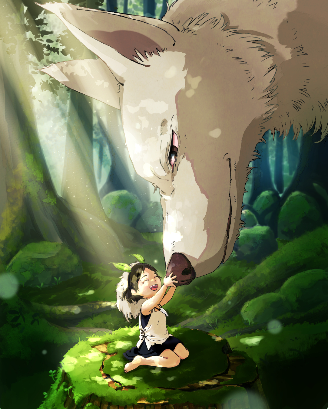 moro (mononoke hime), san (mononoke hime), mononoke hime, studio ghibli, commentary request, highres, 1girl, aged down, animal, bare arms, black hair, blurry, bokeh, closed eyes, depth of field, forest, grass, holding, jewelry, leaf in hair, light rays, looking at another, nature, necklace, outdoors, smile, tooth necklace, tree, wolf, yusuzumi