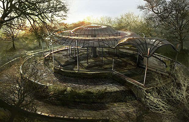 earthrise (game), concept art, garden, light rays, morning, no humans, outdoors, pillar, plant, ruins, scenery, sunlight, sunrise, tree