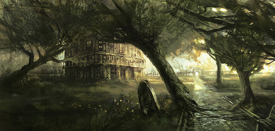 earthrise (game), concept art, building, no humans, outdoors, park, path, plant, road, ruins, scenery, tower, tree