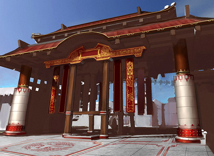 earthrise (game), concept art, arch, architecture, blue sky, building, day, dutch angle, east asian architecture, no humans, outdoors, pillar, scenery, shrine, sky