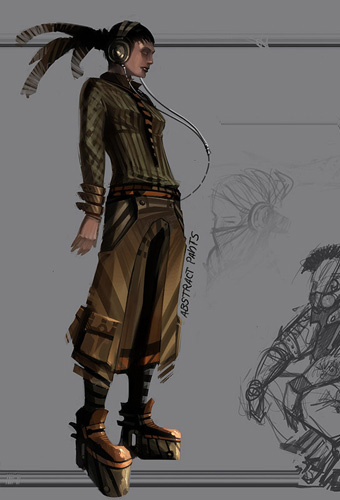 earthrise (game), concept art, lowres, 1girl, arms at sides, black hair, expressionless, full body, long sleeves, ponytail, shoes, short hair, standing