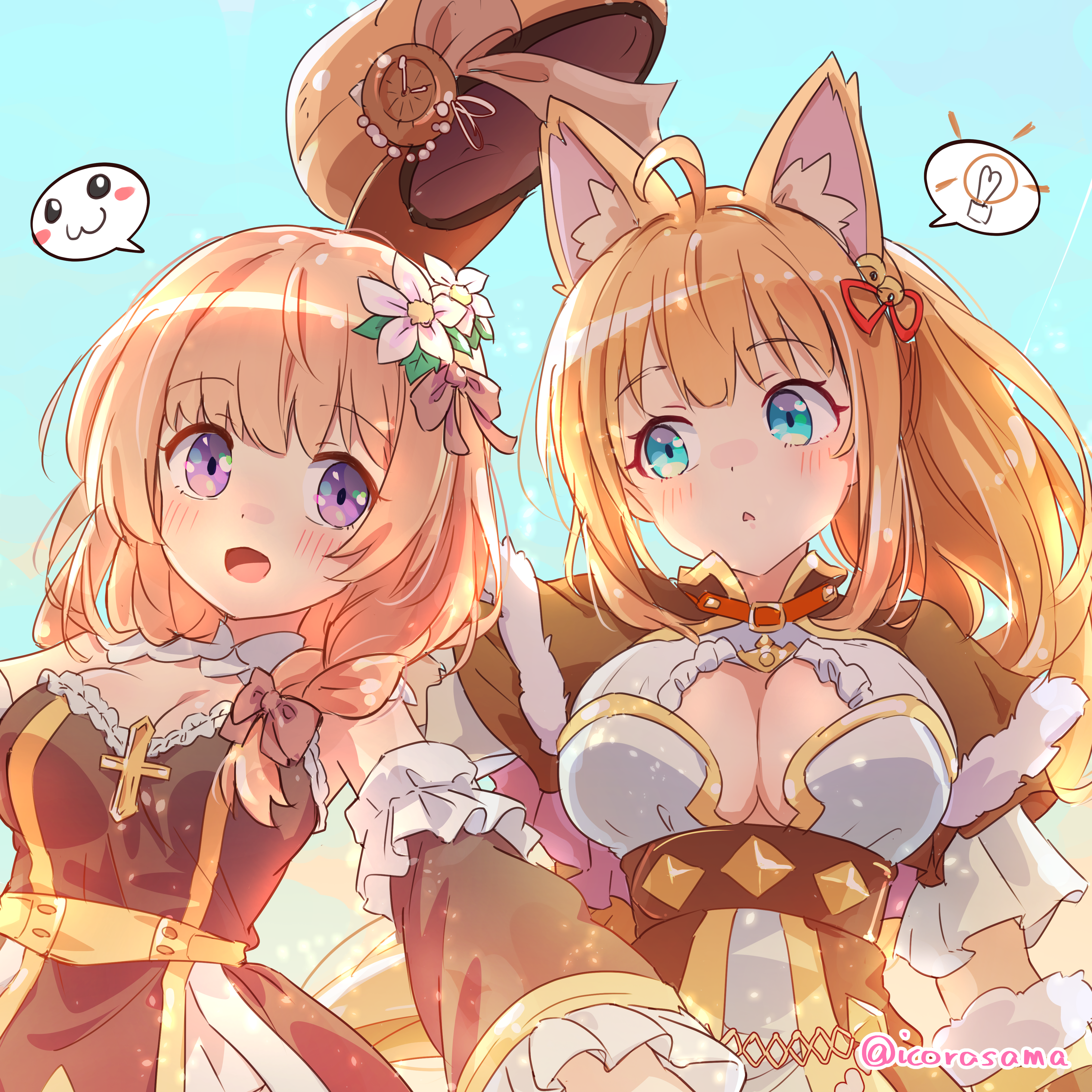 icorasama, arch bishop (ragnarok online), ragnarok online, absurdres, commentary request, commission, highres, skeb commission, 2girls, adapted costume, ahoge, animal ear fluff, animal ears, arch mage (ragnarok online), bell, black dress, black sleeves, blue background, blue eyes, bow, breasts, brown bow, brown capelet, brown hat, capelet, cleavage, cross, detached sleeves, dress, flower, fox ears, fox girl, fur-trimmed capelet, fur trim, hair bell, hair bow, hair flower, hair ornament, hair ribbon, hat, hat launch, jingle bell, large breasts, looking at another, looking to the side, medium breasts, multiple girls, open mouth, purple eyes, red ribbon, ribbon, sash, simple background, strapless, strapless dress, white dress, white flower, yellow sash