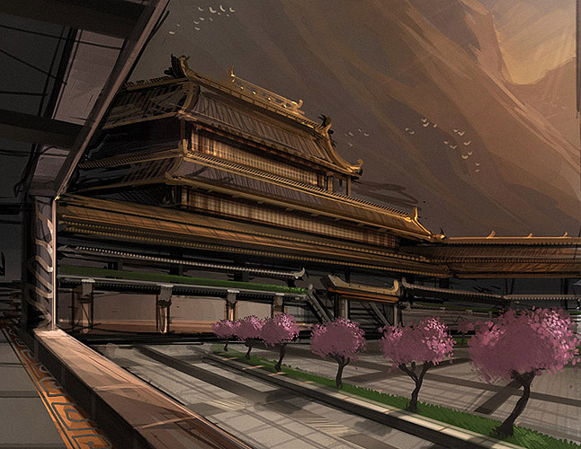 earthrise (game), concept art, building, no humans, outdoors, plant, scenery, temple, tree
