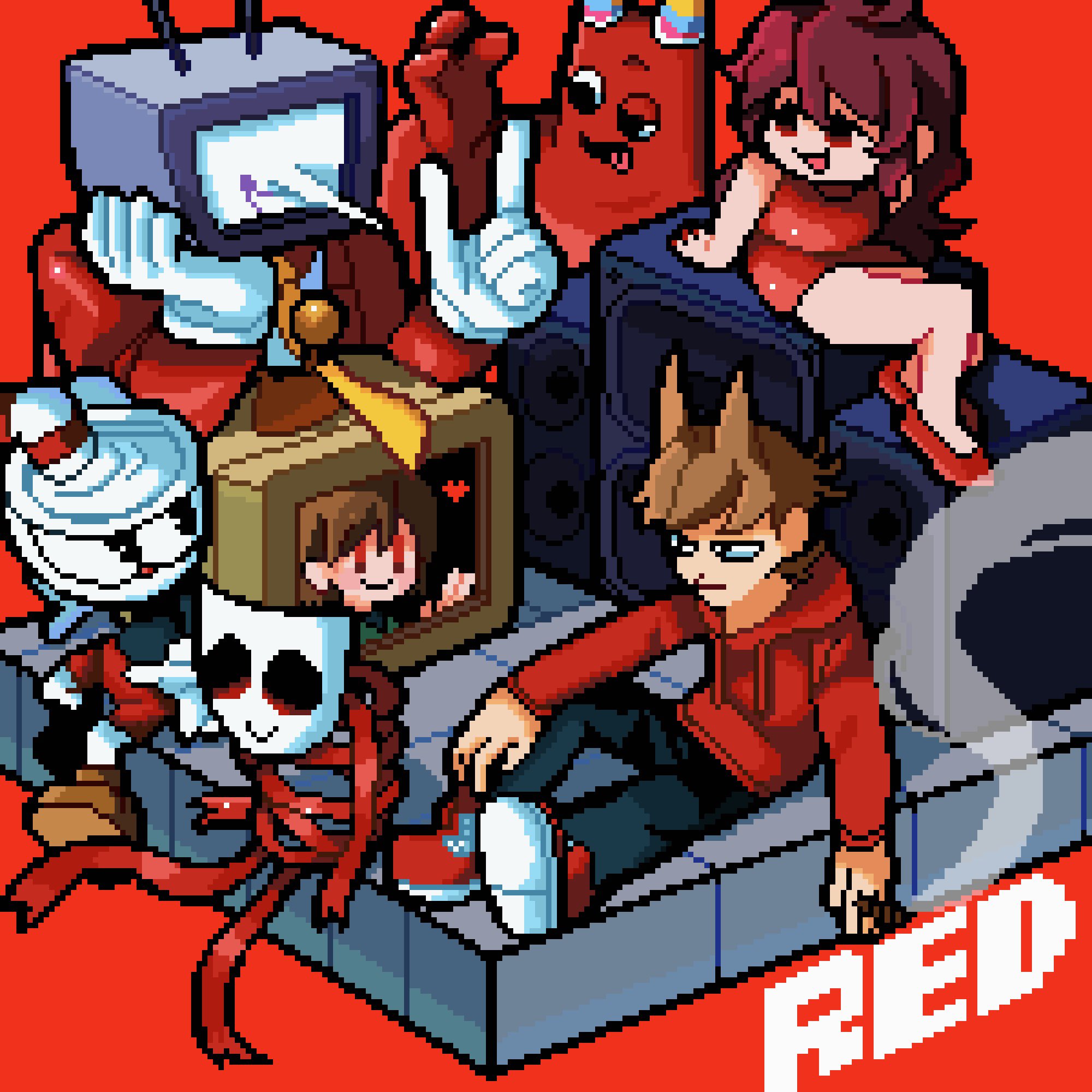 ant tenna, banban (garten of banban), chara (undertale), cuphead, gangle (the amazing digital circus), girlfriend (friday night funkin'), cuphead (game), deltarune, eddsworld, friday night funkin', garten of banban, the amazing digital circus, undertale, utdr (toby fox), commentary, highres, symbol-only commentary, 1other, 2girls, 4boys, 9aaaalt29, :d, ankle boots, antenna hair, arm support, bare arms, bare legs, bare shoulders, bendy straw, black eyes, black pants, boots, brown boots, brown hair, cigar, closed mouth, color connection, comedy and tragedy masks, crossover, crt, cup, double-parted bangs, drawstring, dress, drinking straw, full body, gloves, grin, hair behind ear, hair between eyes, hair ears, hair horns, hand on own cheek, hand on own face, heart, holding, holding cigar, hood, hood down, hoodie, index finger raised, jacket, long hair, long sleeves, looking ahead, looking at another, multiple boys, multiple crossover, multiple girls, necktie, object head, open mouth, orange necktie, pants, pencil dress, pointy nose, red background, red dress, red eyes, red hair, red hoodie, red jacket, red ribbon, red shoes, red shorts, ribbon, shirt, shoes, short dress, short hair, shorts, simple background, sitting, sleeveless, sleeveless dress, smile, smoke, solid oval eyes, tile floor, tiles, tongue, tongue out, tord (eddsworld), uneven eyes, very short hair, white gloves, white shirt